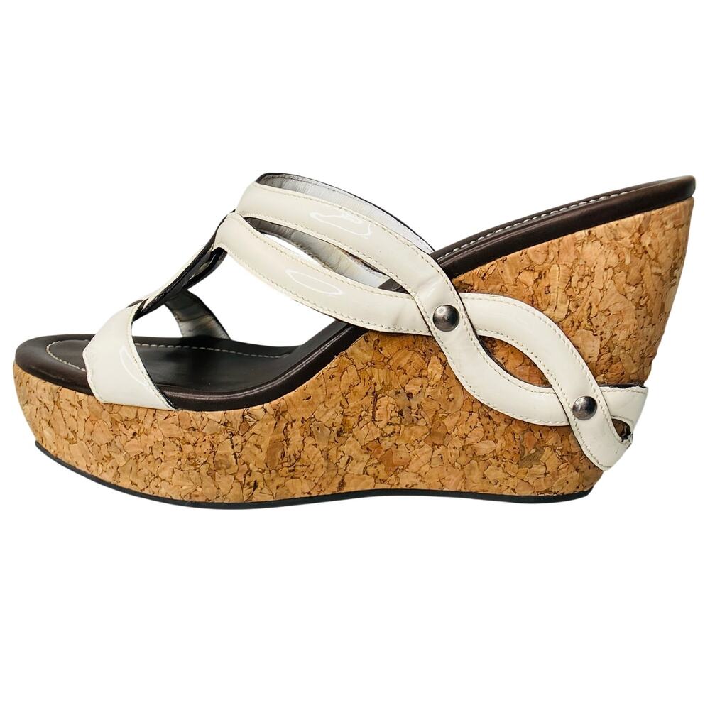 Cole Haan Wedge Cork Platform Sandals White Leather Stud